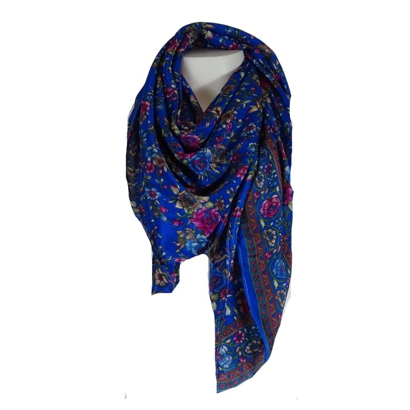Silkesari Tørklæde 100 x 100 Floral Blue - 