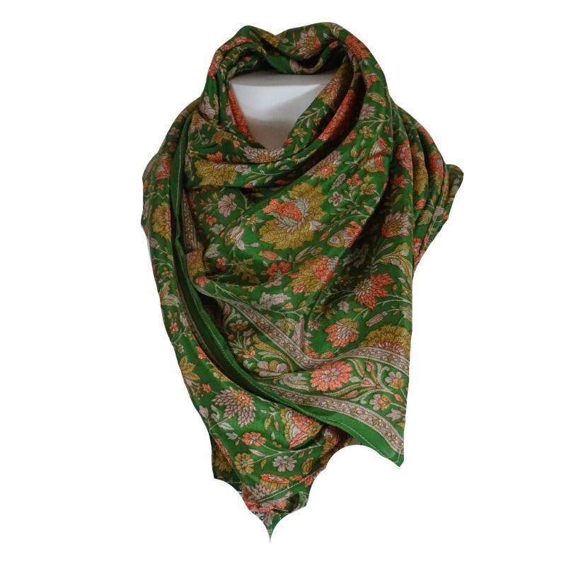Silkesari Tørklæde 100 x 100 Floral Green - 