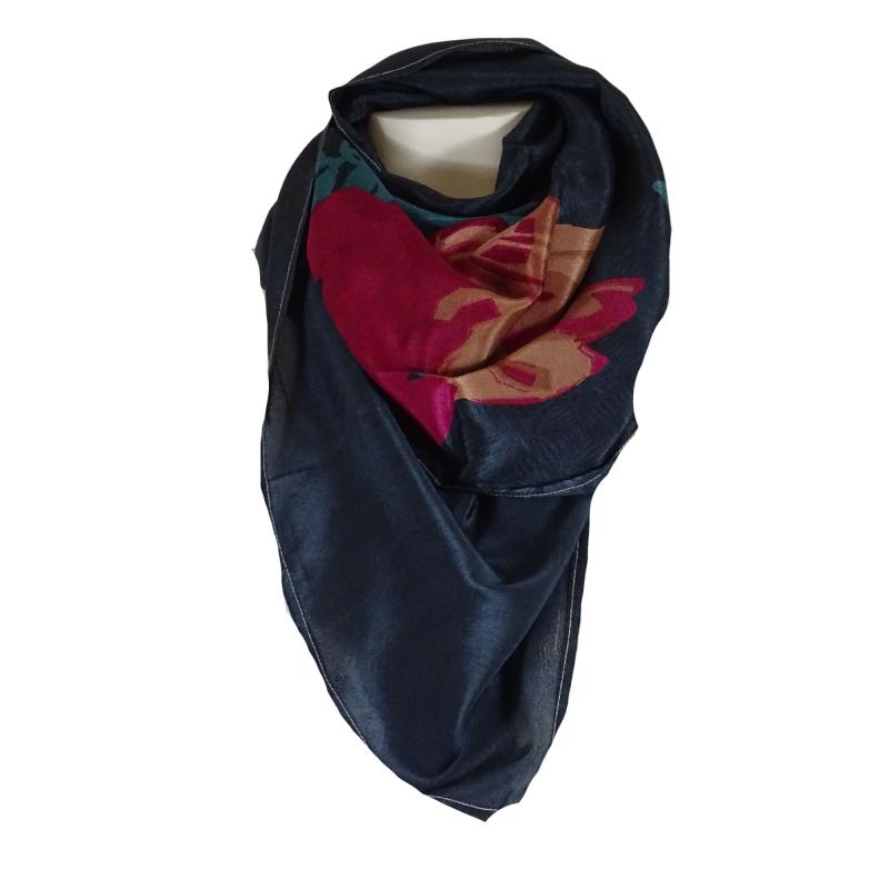 Silkesari Tørklæde 100 x 100 Fuchsia Grey - 