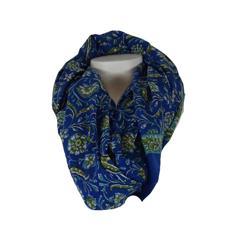 Blockprintet Tørklæde Floral Blue - 