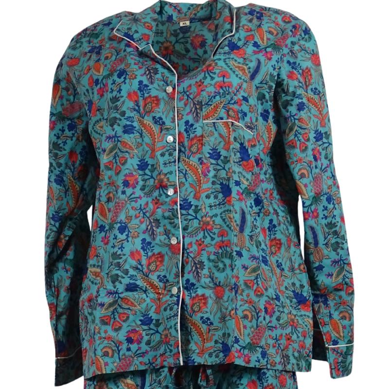 Pyjamas Blockprint Turquoise Flowers - 